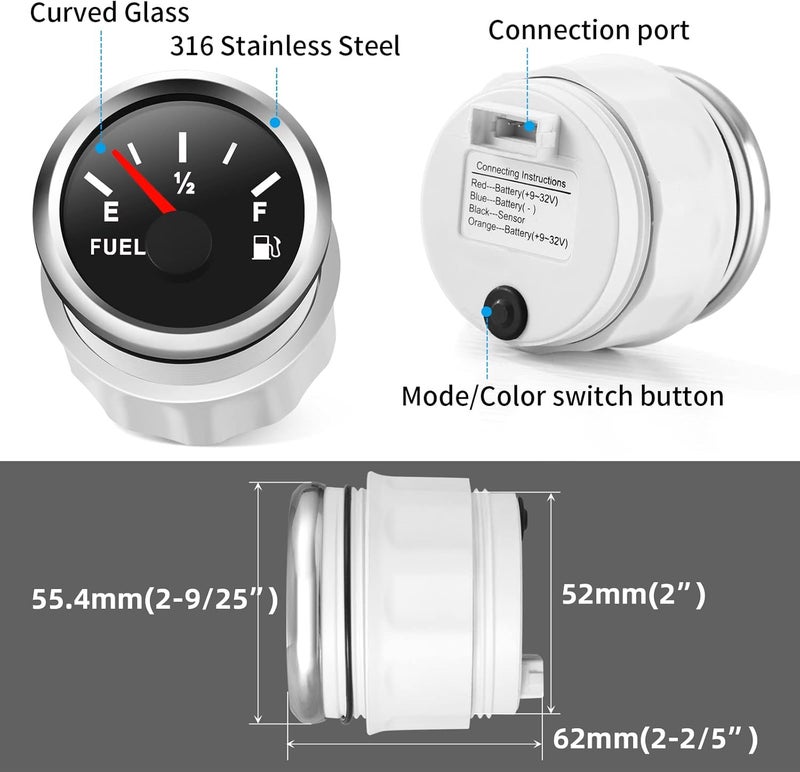 Rupse 2" Fuel Level Gauge 8 Color Backlight 5 Signals Adjustable 0-190ohm,0-180ohm,10-180ohm,240-33ohm,240-30ohm,Fuel Gauge Kit for Boat Car RV Truck Vehicle Motorcycle - Image 4